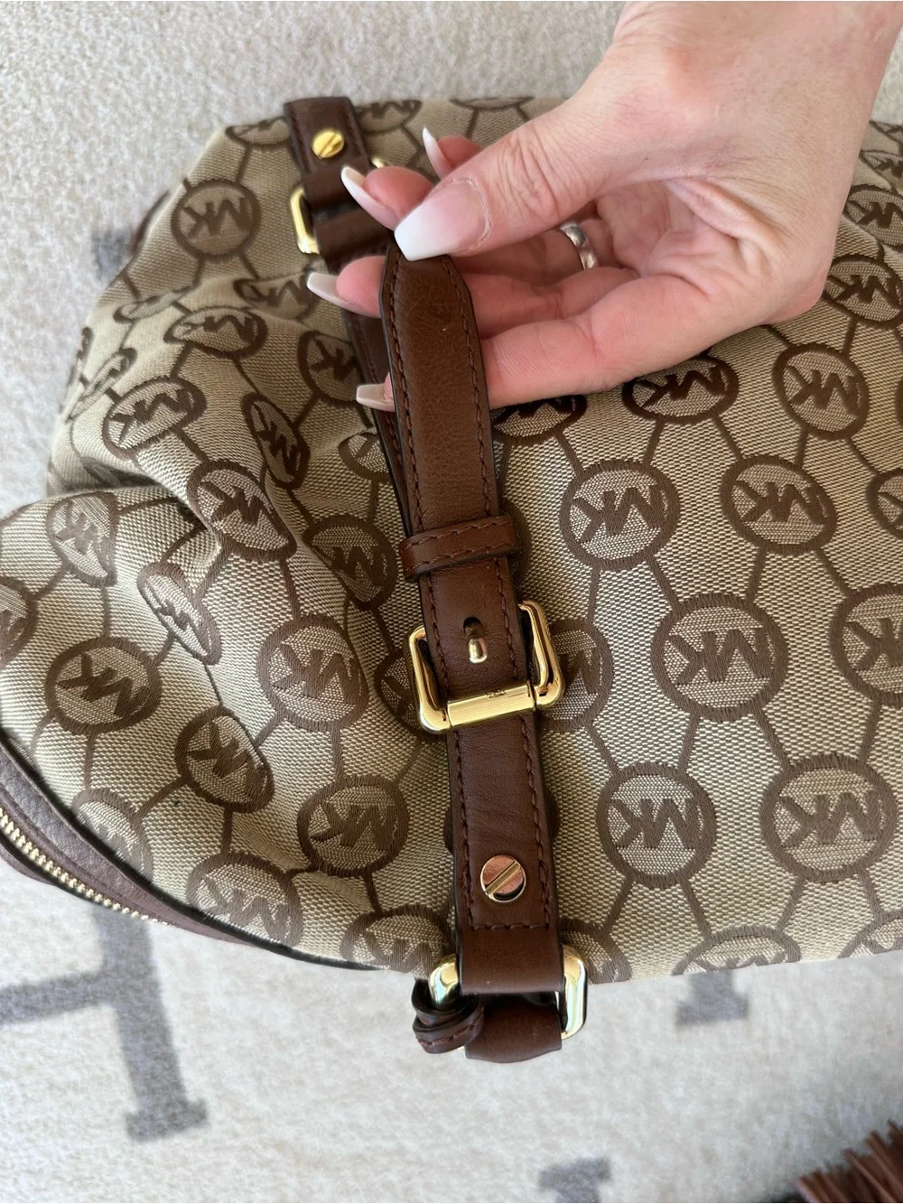 Michael Kors Beige and Brown MK Logo Satchel with Gold Hardware